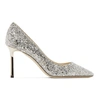 JIMMY CHOO SILVER COARSE GLITTER ROMY 85 HEELS