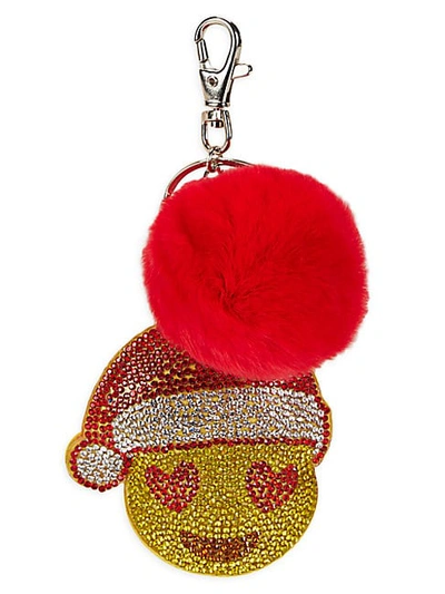 Bari Lynn Fox Fur Pom Santa Emoji Keychain In Red White