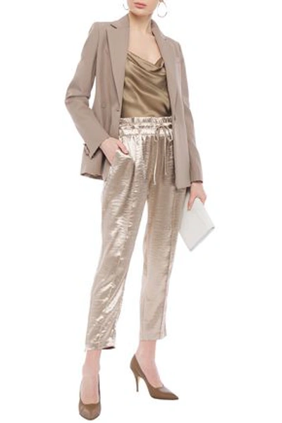 Cinq À Sept Cropped Hammered Metallic Satin-crepe Tapered Trousers In Platinum