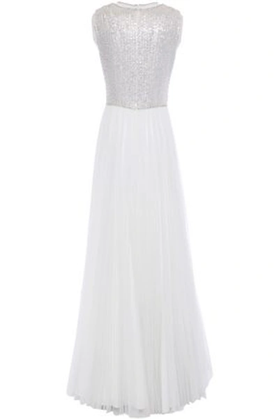 Jenny Packham Pleated Embellished Glittered Tulle Gown In White