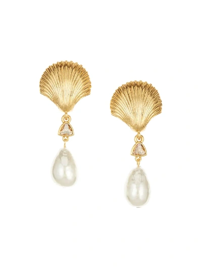 Oscar De La Renta Gold-tone Scallop Shell Faux Pearl Clip-on Drop Earrings