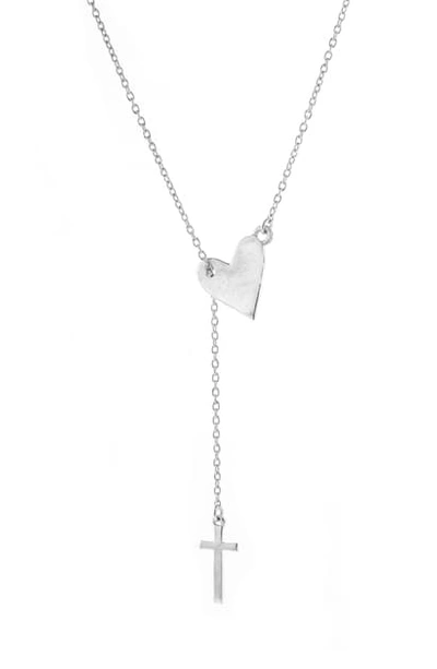 Adornia White Rhodium Plated Heart & Cross Lariat Necklace In Silver