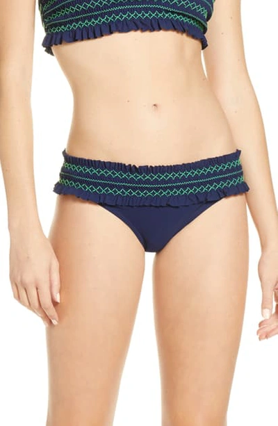 Tory Burch Costa Smocked Hipster Bikini Bottoms In Tory Navy / Court Green