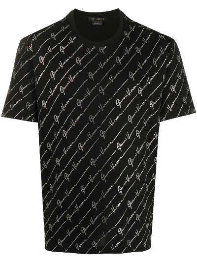 Versace Crystal-logo Embellished T-shirt In Black