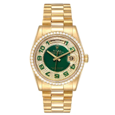 Pre-owned Rolex Enamel Green Diamond 18k Yellow Gold President Day Date Diamond 118348 Men's Wristwatch 36mm