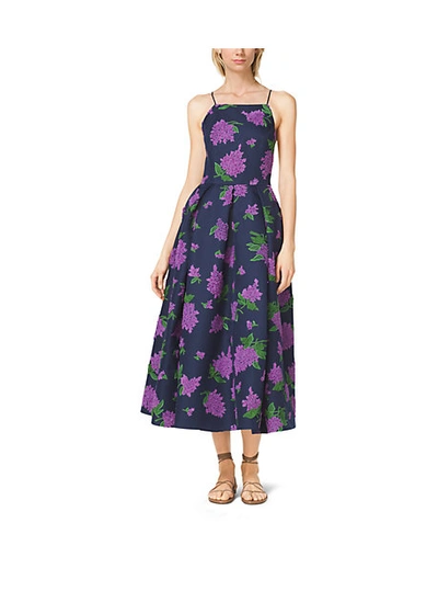 Michael Kors Lilac-embroidered Silk And Wool Mikado Dress In Blue