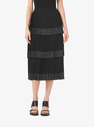 Michael Kors Grommet-embroidered Pleated Silk-georgette Skirt In Black