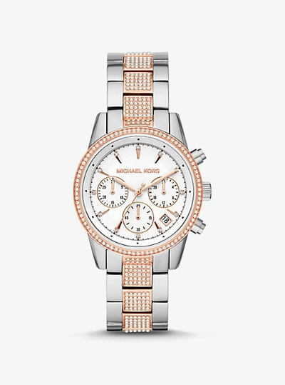 Michael Kors Ritz Chronograph Two-tone Stainless Steel Bracelet Watch In Silver