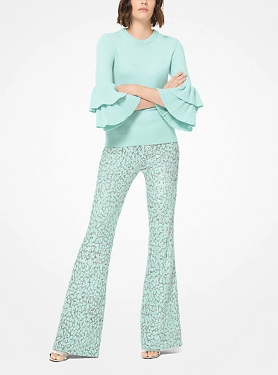 Michael Kors Leopard Sequined Stretch-tulle Flared Pants In Green