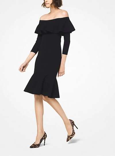 Michael Kors Off-the-shoulder Lace Ruffle Sleeve Dress In Black