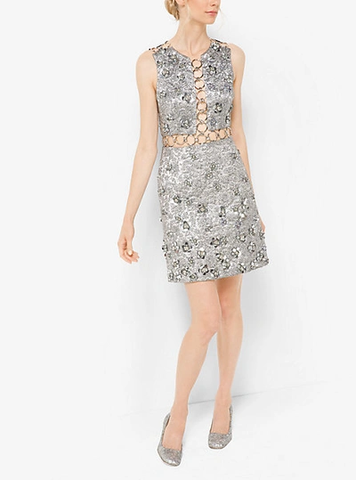 Michael Kors Floral Metallic-embroidered Brocade Dress In Silver