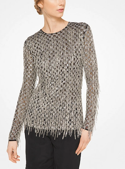 Michael Kors Fringed Sequined Stretch-tulle Top In Black