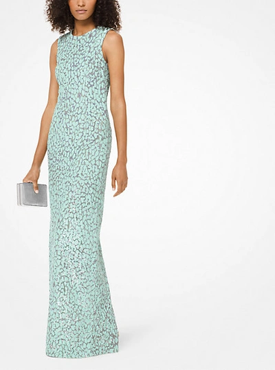 Michael Kors Leopard Sequined Stretch-tulle Gown In Green