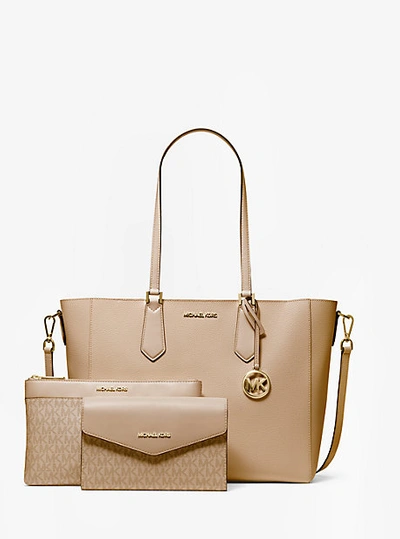 Michael Kors Kimberly Large Pebbled Leather And Logo 3 in 1 Tote Bag Set In Natural ModeSens