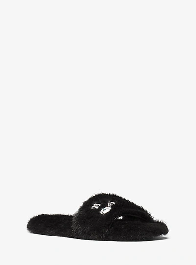 Michael Kors Delphine Crystal Embellished Faux Fur Slide Sandal In Black