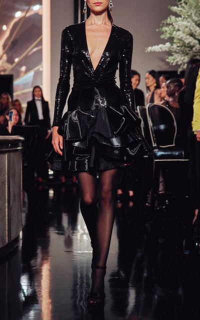 Ralph Lauren Stellan Twist-detail Sequined Bodysuit In Black
