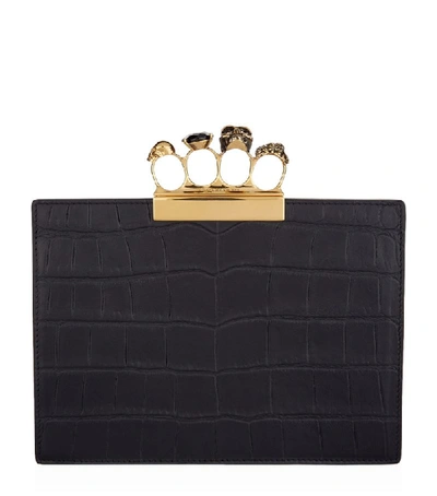 Alexander Mcqueen Four-ring Small Croc-embossed Leather Clutch In Black