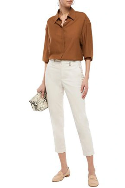 Brunello Cucinelli Bead-embellished Stretch-cotton Twill Slim-leg Pants In Off-white