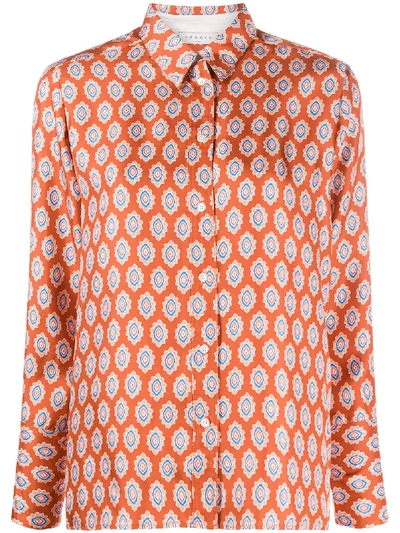 Sandro Classic Shirt In Printed Silk In Orange