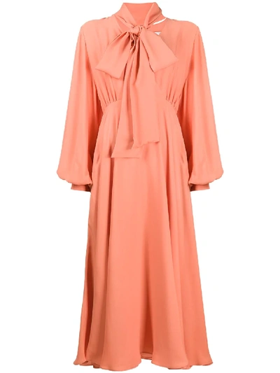 Valentino Pussybow Silk-crepe Midi-dress In Orange