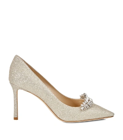 Jimmy Choo Romy 85 Platinum Ice Dusty Glitter Pointy Toe Pumps With Crystal Tiara In Platinum Ice/crystal