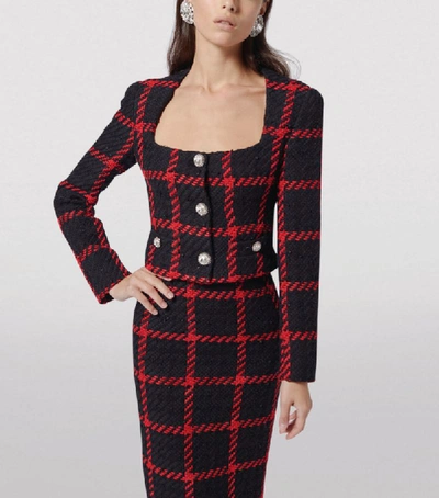 Alessandra Rich Crystal-button Cropped Checked-tweed Jacket In Plaid