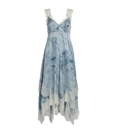 Allsaints Skylar Hatsukoi Lace-trimmed Printed Satin Midi Dress In Powder+blue