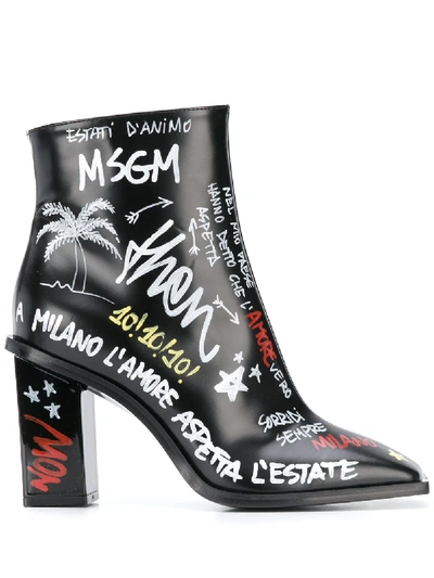 Msgm Graffiti Print Ankle Boots In Black