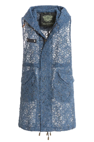 Mr & Mrs Italy Macrame Lace Embroidery Long Waistcoat In Blue Denim