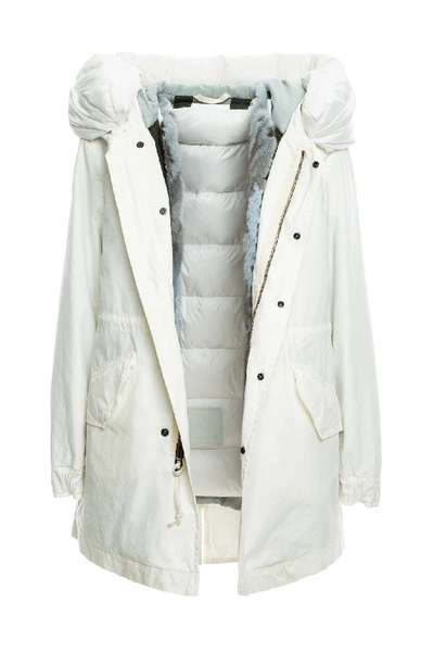 Mr & Mrs Italy New York Parka Midi With Mink Fur In Old Ivory / Steel/misty Blue/white Pap / White Paper