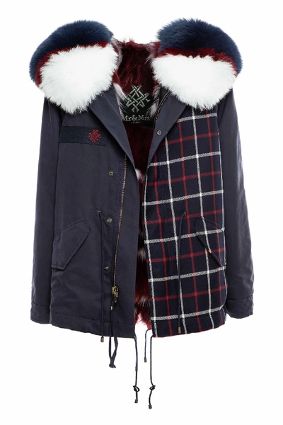 Mr & Mrs Italy Blue Jazzy Mini Parka With Tartan Detail In Blue/check Blue / Check Dp Red / Dp Red/white/blue