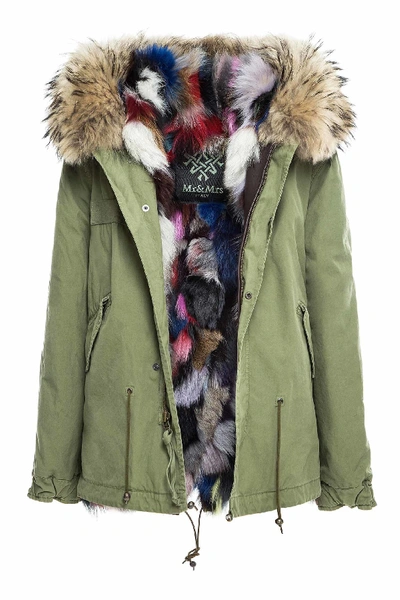 Mr & Mrs Italy Army Cotton Canvas Mini Parka With Patch Fox Fur Lining In Multicolor