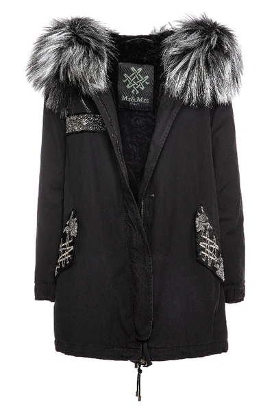 Mr & Mrs Italy Black Parka A-line With Beads Embroideries In Black / Black / Metal Black