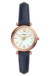 Fossil Mini Carlie Star Leather Strap Watch, 28mm In Navy/ White Mop/ Rose Gold
