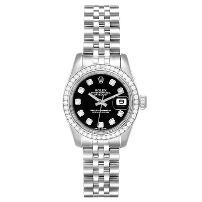 Pre-owned Rolex Black Diamonds 18k White Gold Datejust 179384 Women's Wristwatch 26 Mm