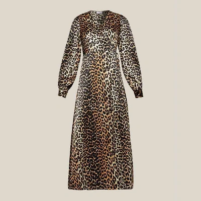 Pre-owned Ganni Animal Leopard Print Long Sleeve Midi Dress Dk 40 In Brown