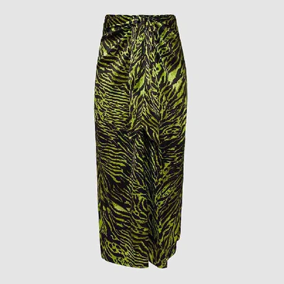 Pre-owned Ganni Green Tiger Print Silk-blend Wrap Skirt Dk 32