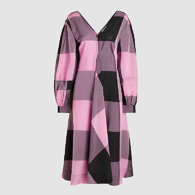 Pre-owned Ganni Pink Checked Balloon-sleeve Sateen Midi Dress Dk 34