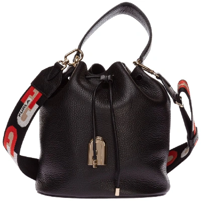 Furla Small Sleek Drawstring Logo Detail Bucket Bag In Black