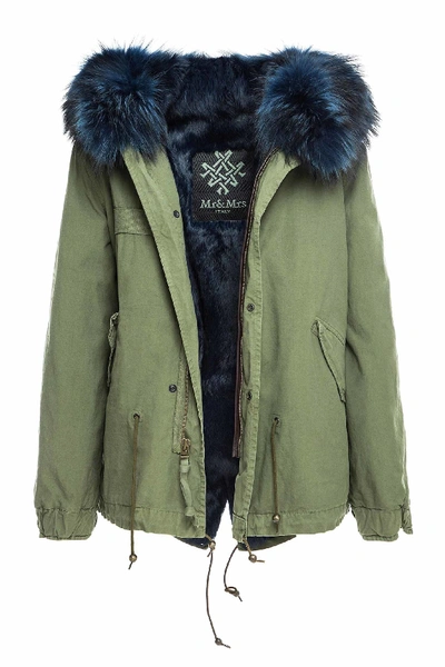 Mr &amp; Mrs Italy Army Cotton Canvas Mini Parka With Dyed Lapin Fur Lining In Blue
