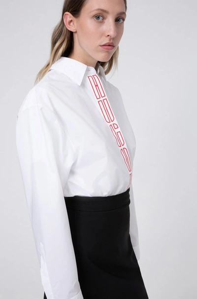 Hugo Boss - Oversized Fit Blouse In Stretch Cotton With Logo Placket - White