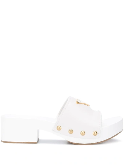 Prada Logo Plaque Clogs In Weiss