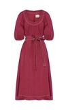 AJE REBELLION BELTED AND LINEN AND SILK-BLEND MIDI DRESS,806394