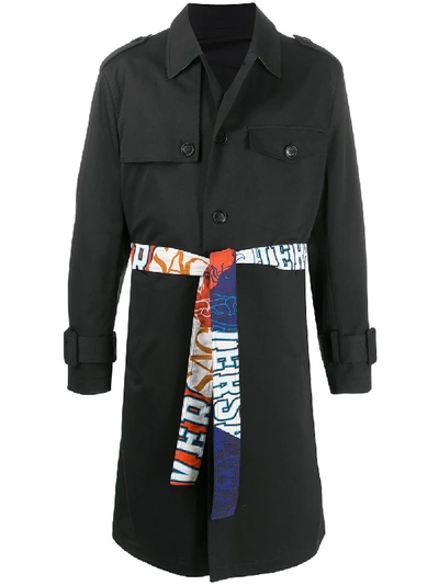 Versace Belted Trench Coat In Black