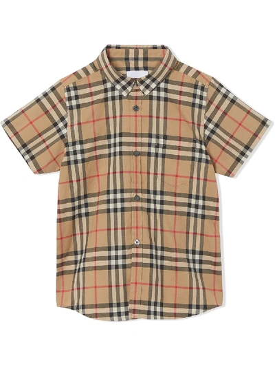 Burberry Babies' Check Print Shortsleeved Shirt In Brown