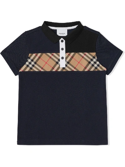 Burberry Babies' Vintage Check Panel Cotton Polo Shirt In Blue