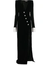 ALESSANDRA RICH CRYSTAL BUTTON VELVET DRESS