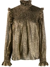 SAINT LAURENT METALLIC SHEEN SMOCKED BABYDOLL BLOUSE