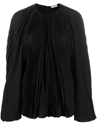 Saint Laurent Silk Balloon Sleeve Pleated Blouse In Black