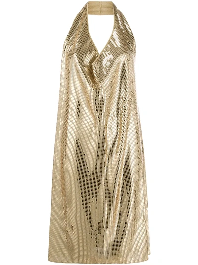 Bottega Veneta Mirror Crystal Embellished Halterneck Dress In Gold